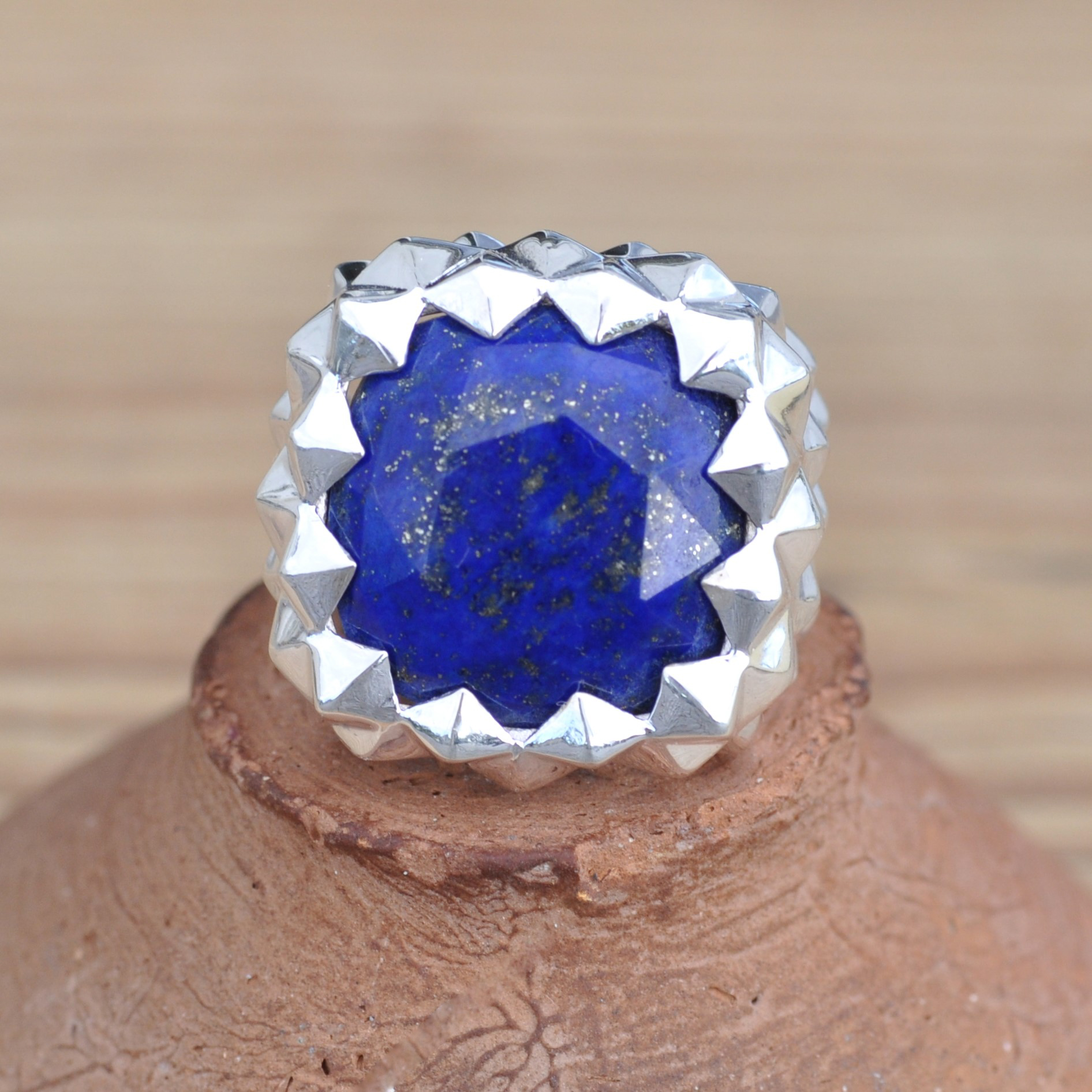 NEW ! Grosse chevalière pointes argent et pierre Lapis lazuli (bleu)