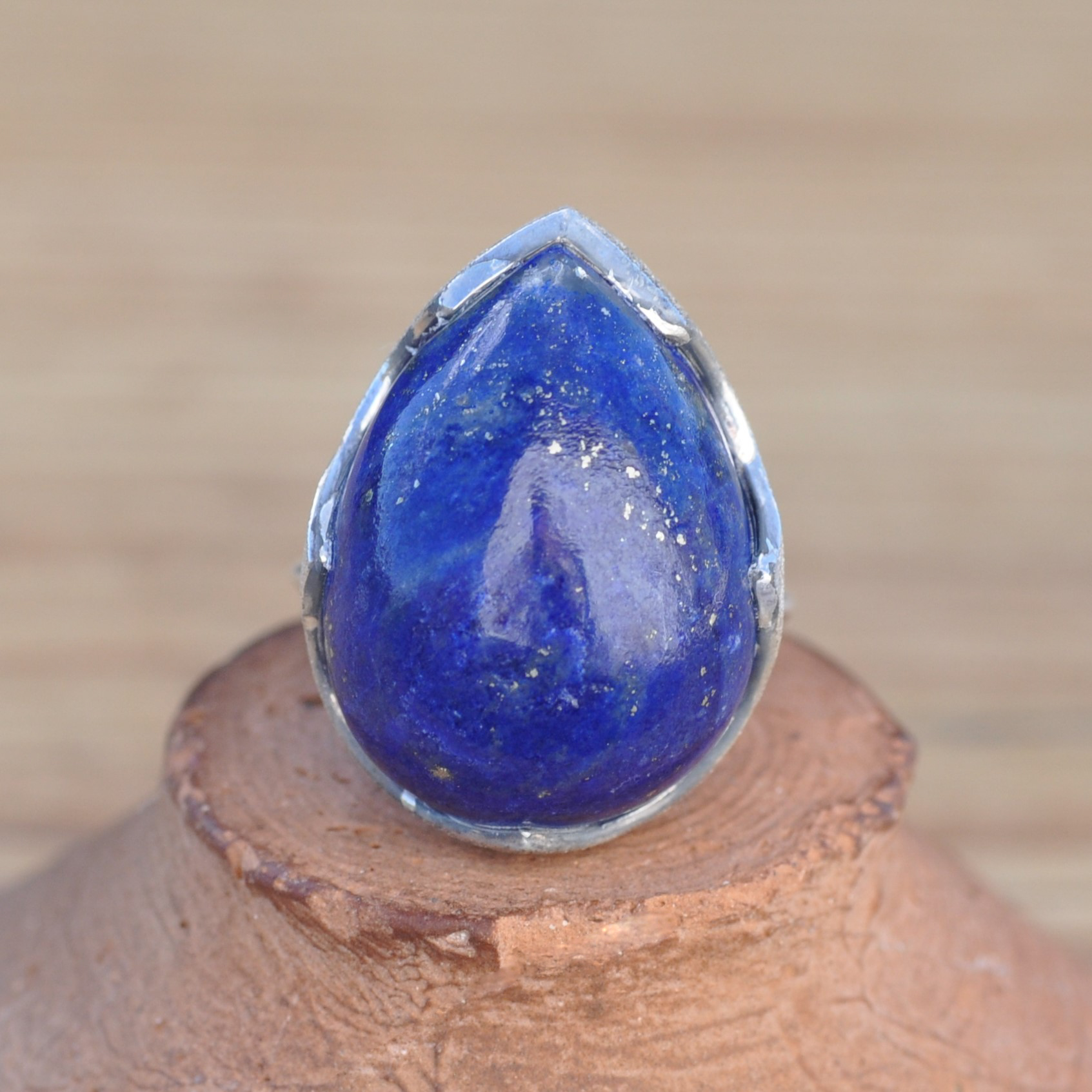 NEW ! Bague goutte argent brossé et pierre bombée Lapis lazuli (bleu)