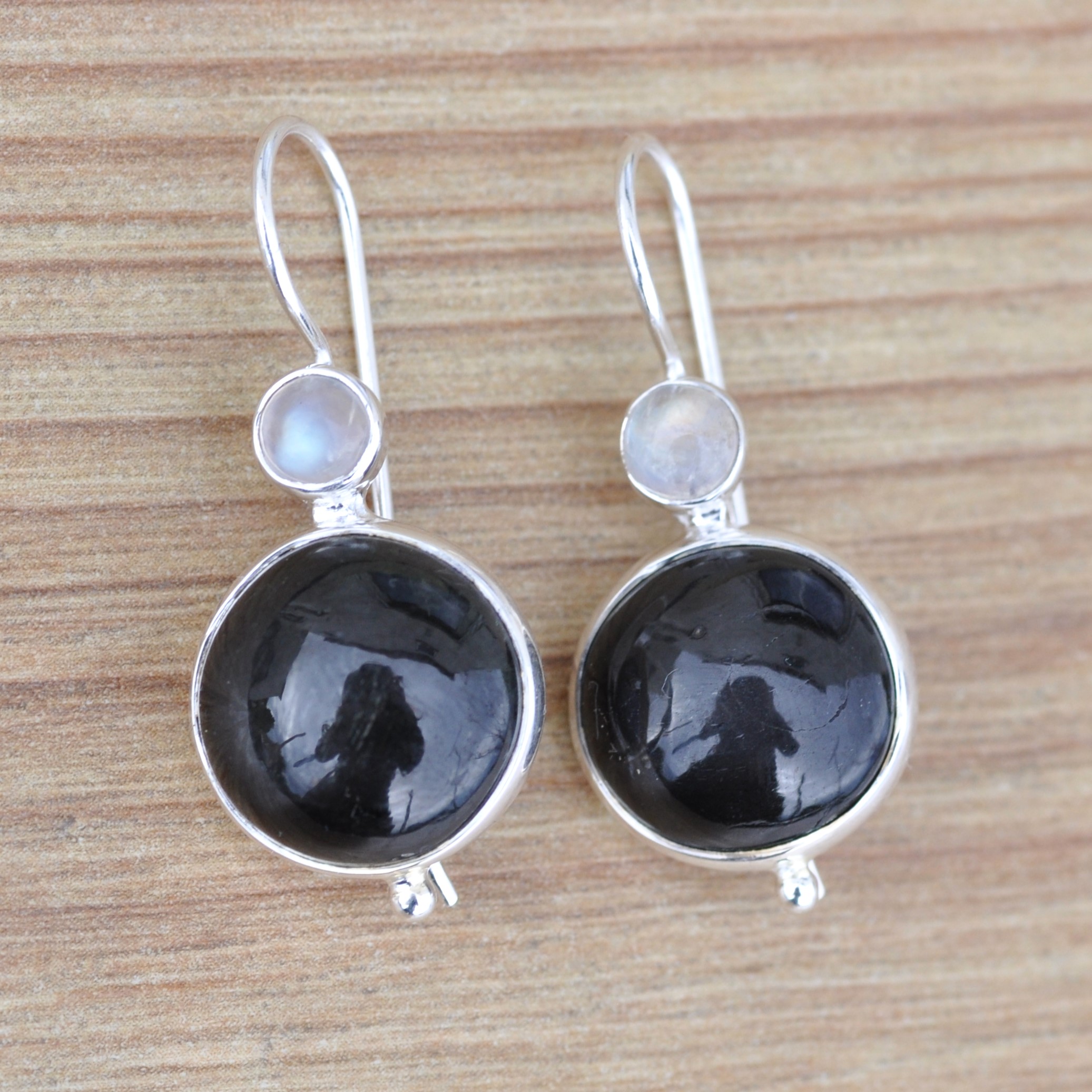 NEW ! Boucles d'oreilles argent et 2 pierres rondes en Diopside et Pierre de lune (blanc) (noir)