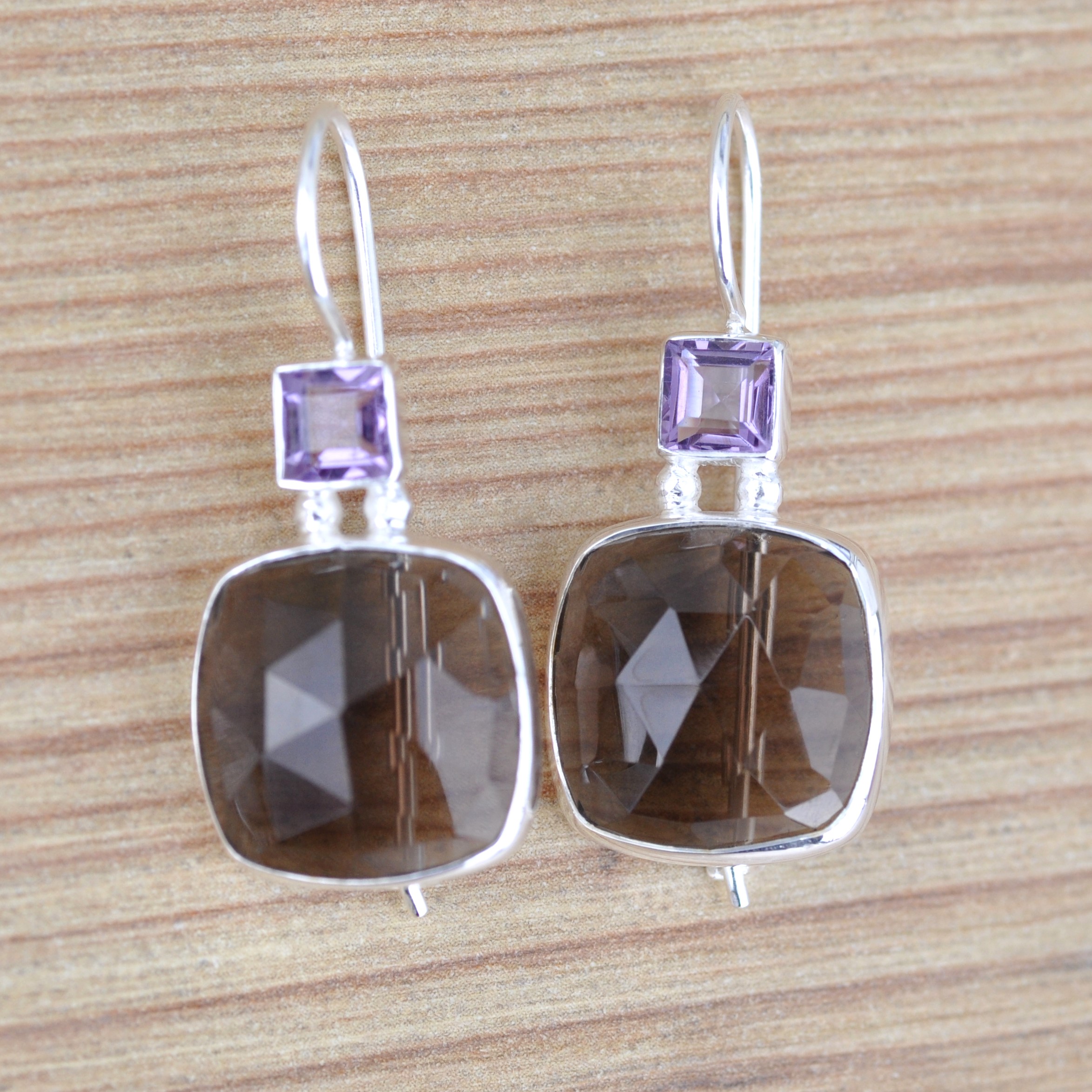 NEW ! Boucles d'oreilles argent et 2 pierres Quartz fumé et Améthyste (brun) (violet)