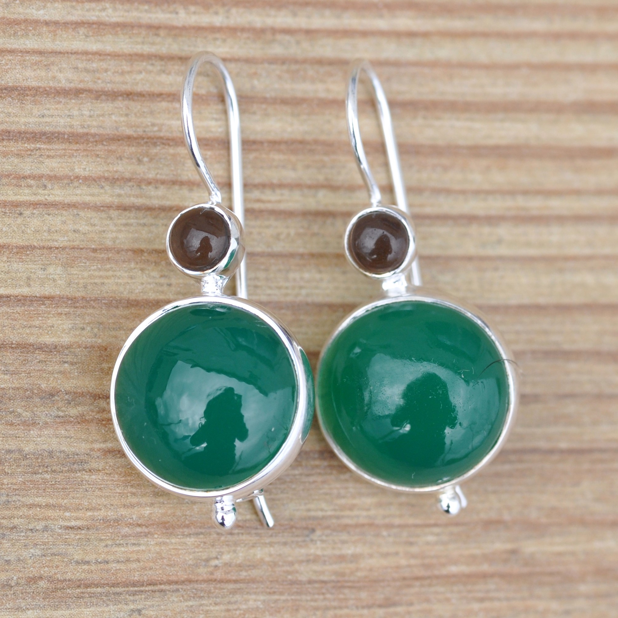 NEW ! Boucles d'oreilles argent et 2 pierres rondes en Agate verte et Quartz fumé (vert) (brun)