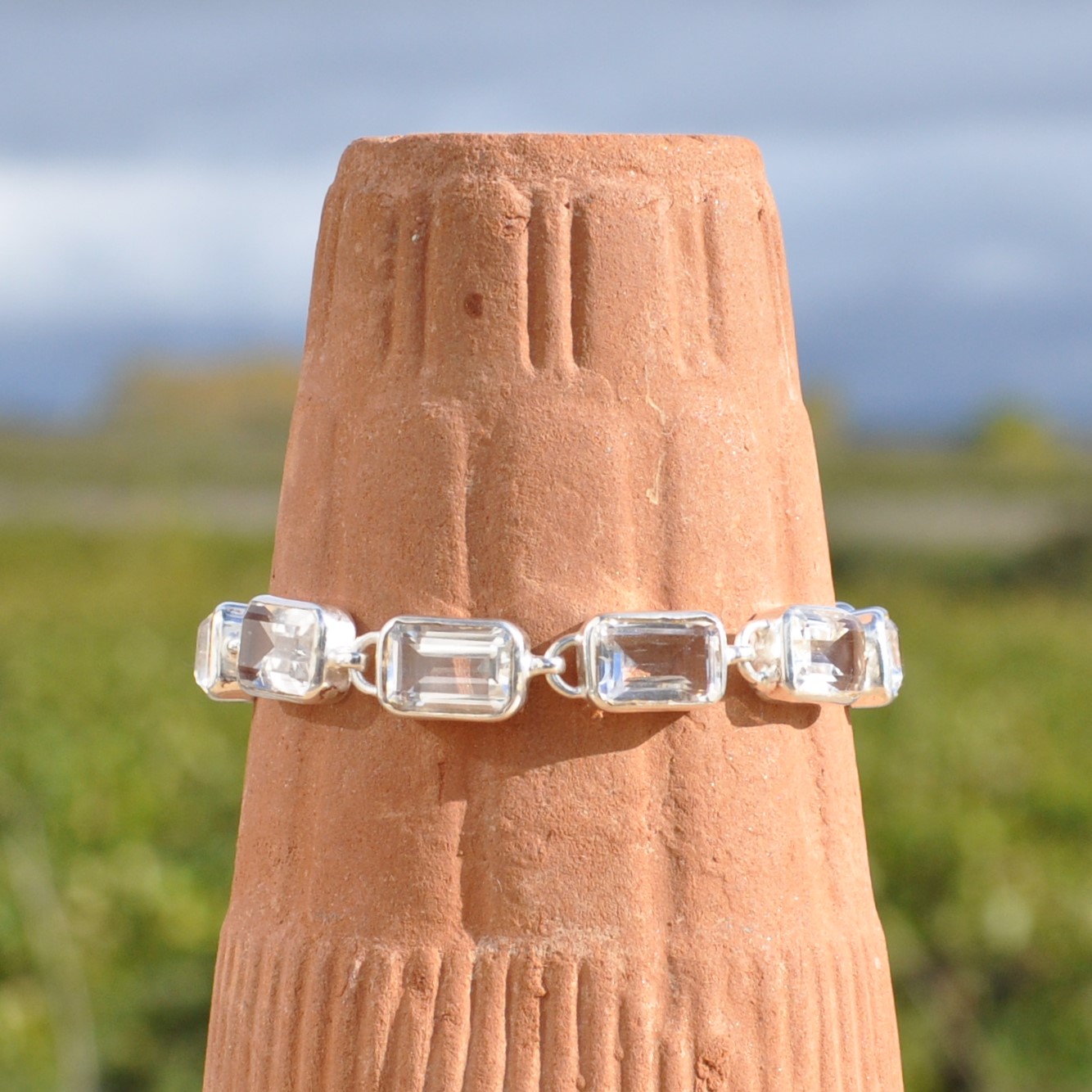 NEW ! Bracelet en argent et 8 pierres rectangulaires en Cristal de roche (transparent)