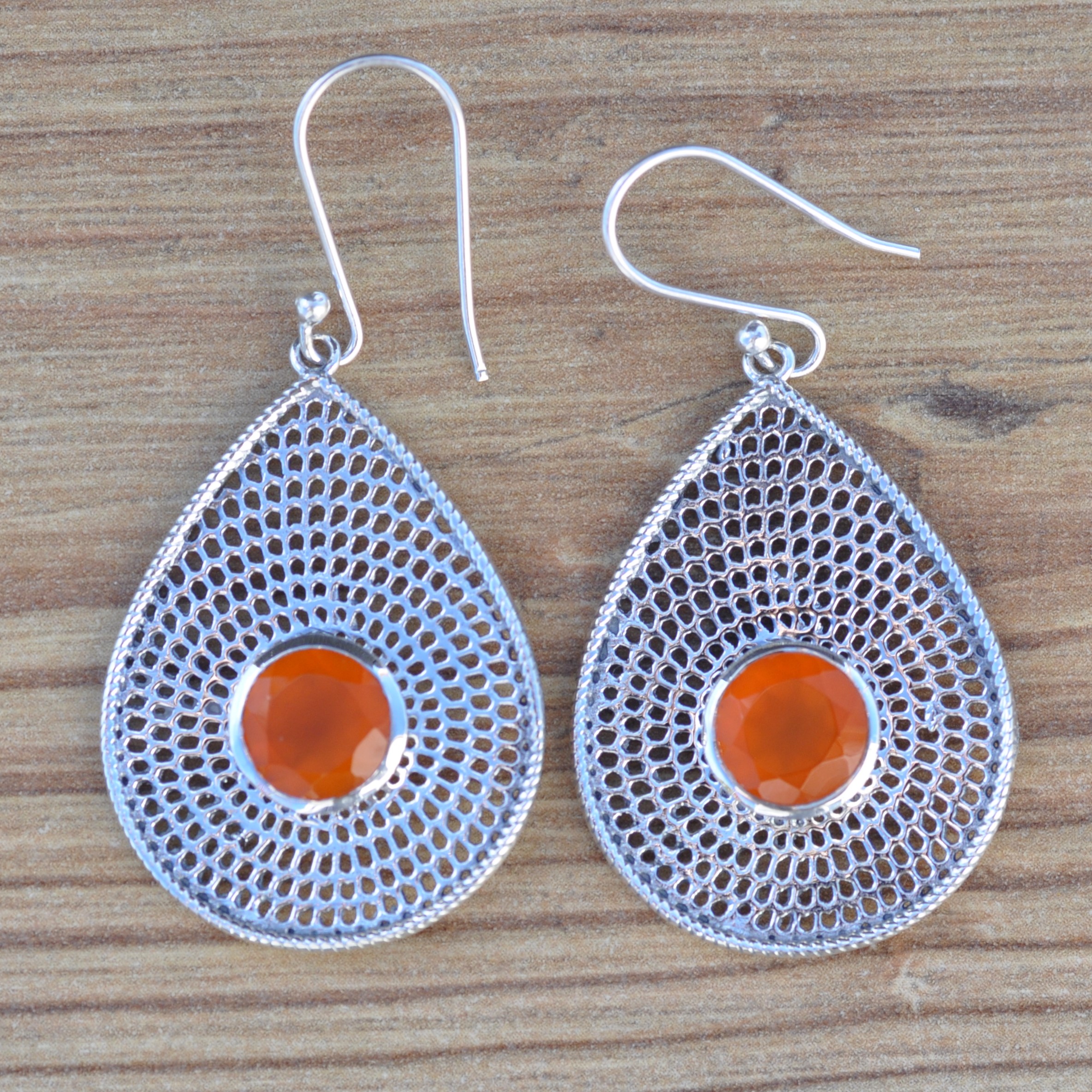 Boucles d'oreilles gouttes argent pierre ronde facettée en Cornaline (orange)