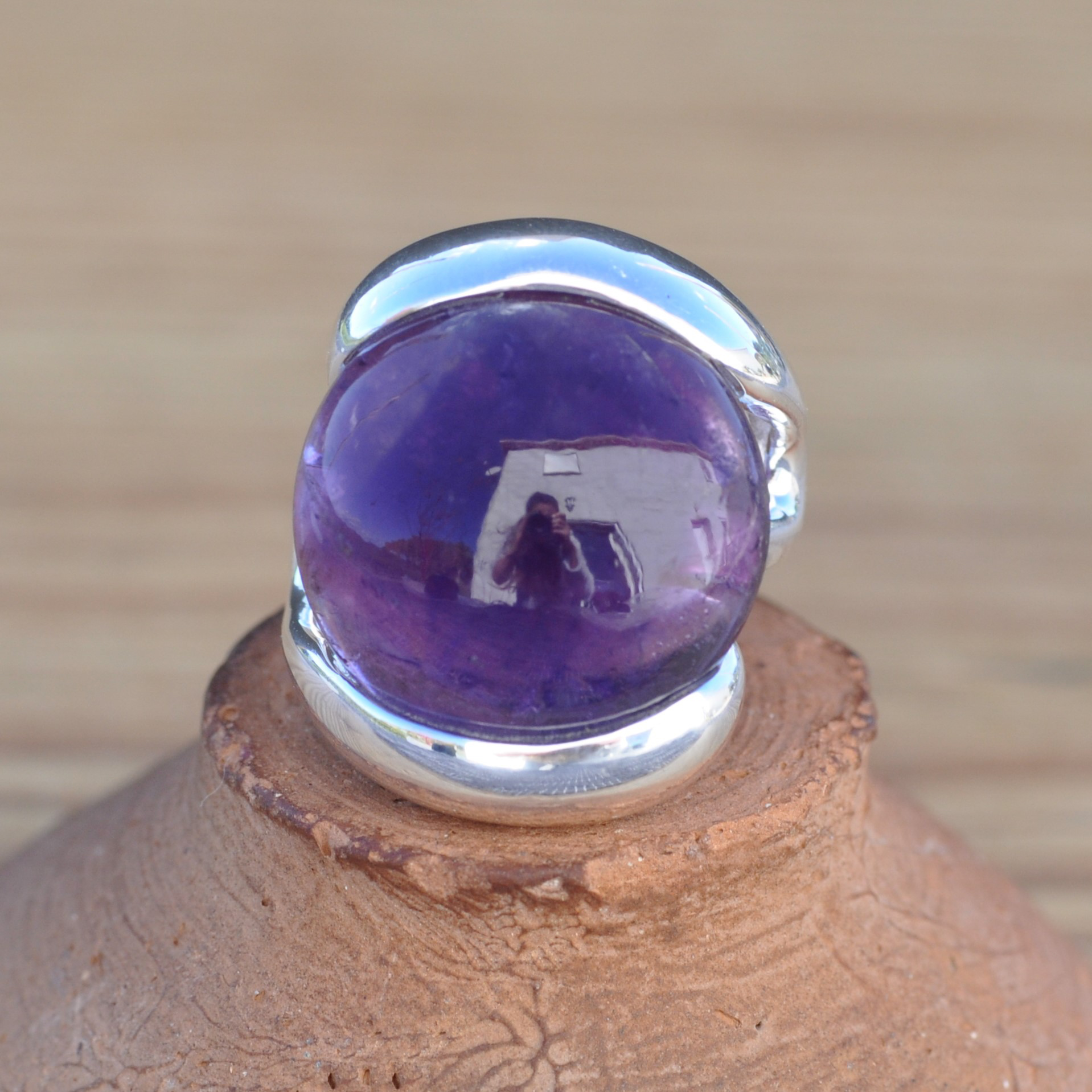 NEW ! Bague contemporaine argent et pierre ronde Améthyste (violet)