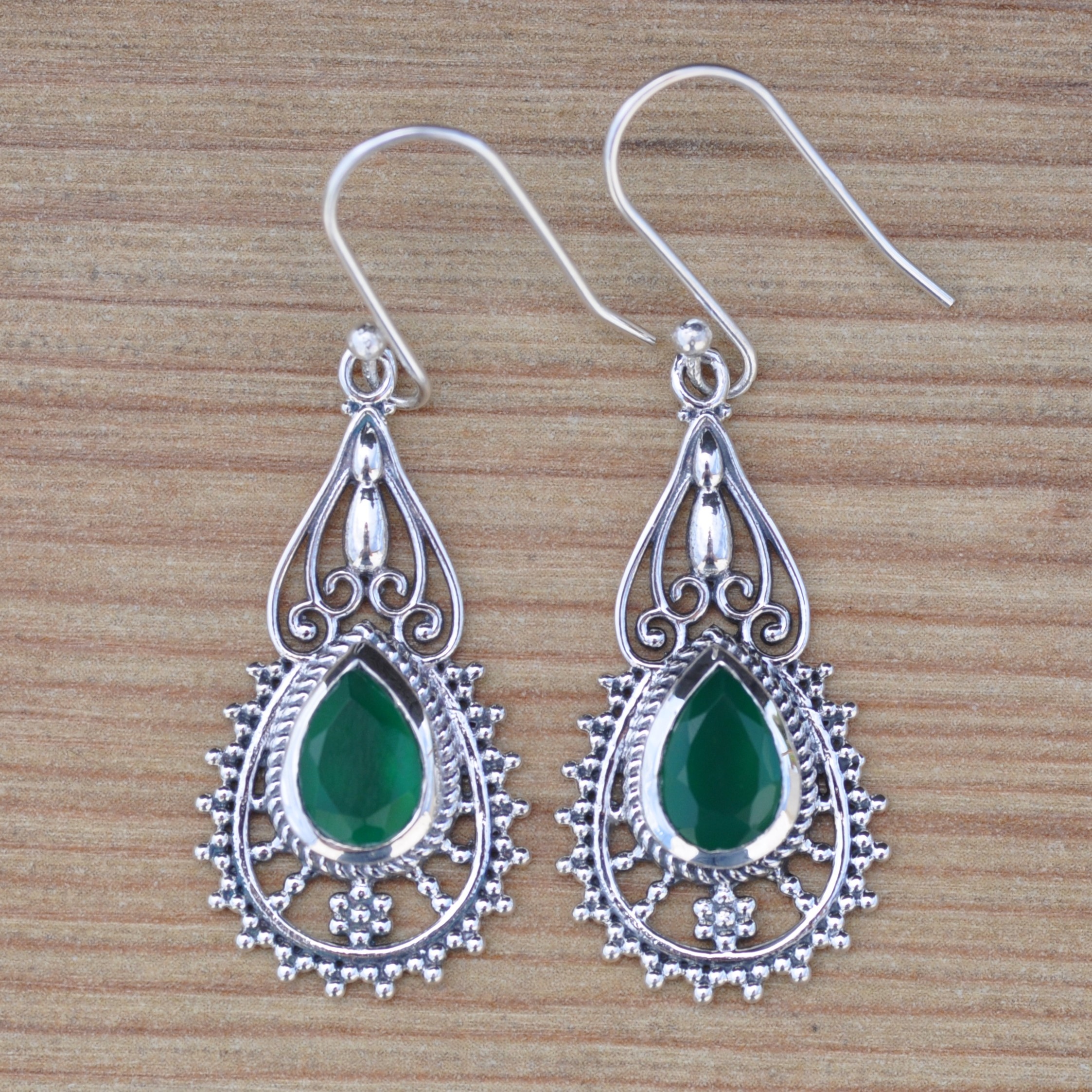 NEW ! Boucles d'oreilles ciselées en argent et pierre Agate verte (vert)