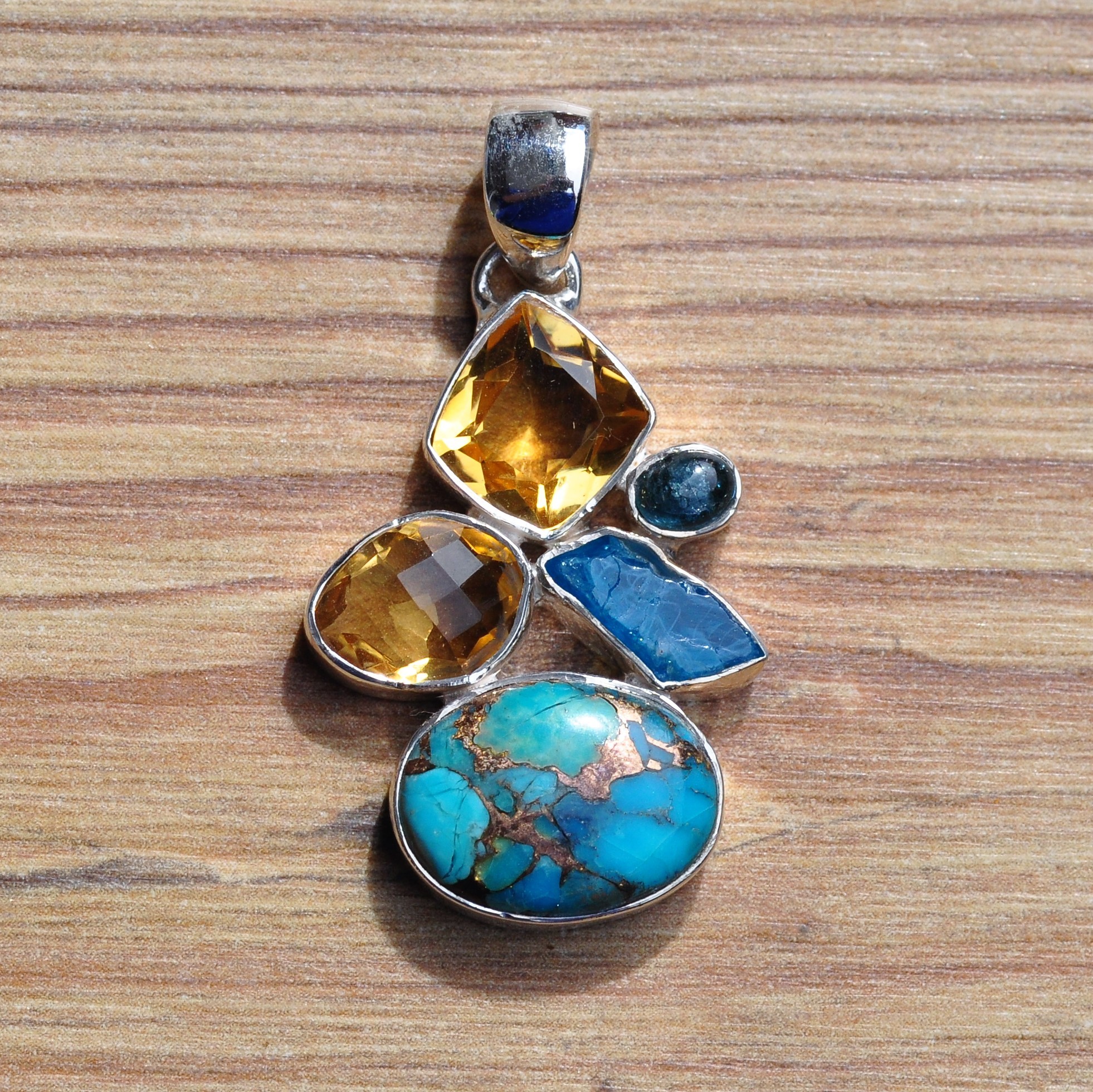 New! Pendentif argent 5 pierres en Turquoise Citrine Apatite (bleu) (jaune)