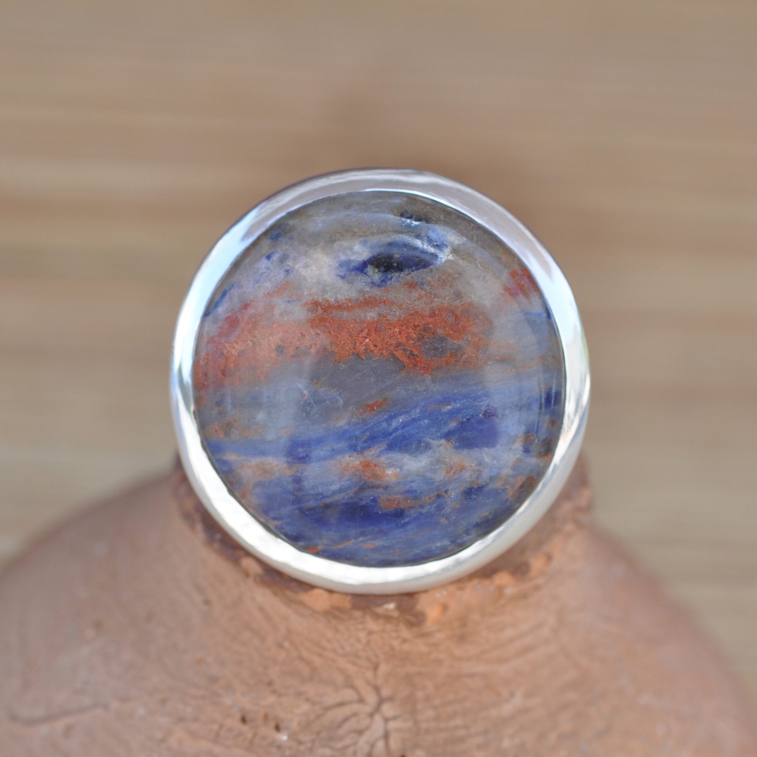 NEW ! Bague ronde pierre Sodalite et argent (bleu) (orange)