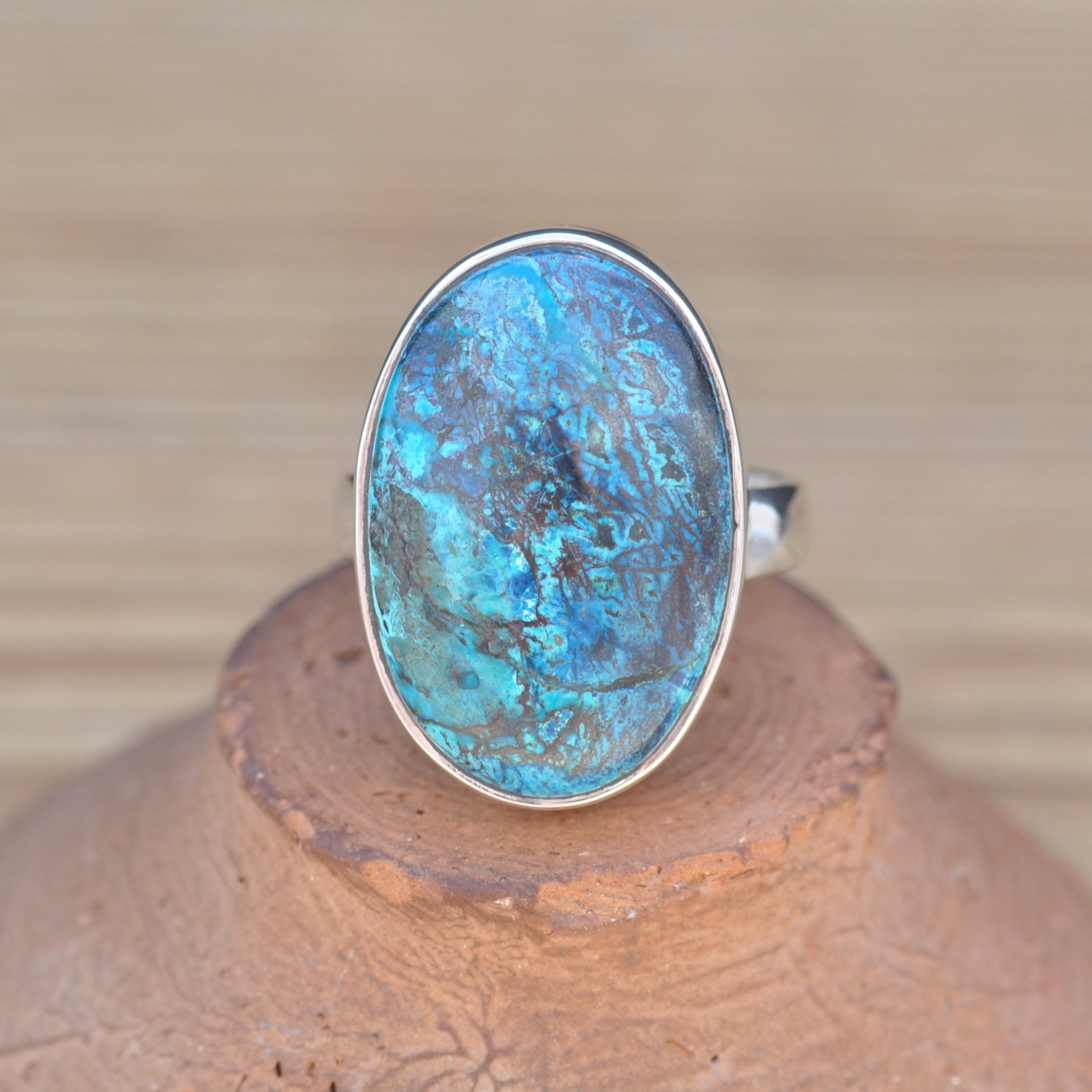 NEW ! Bague ovale en pierre Chrysocolle et argent (bleu)